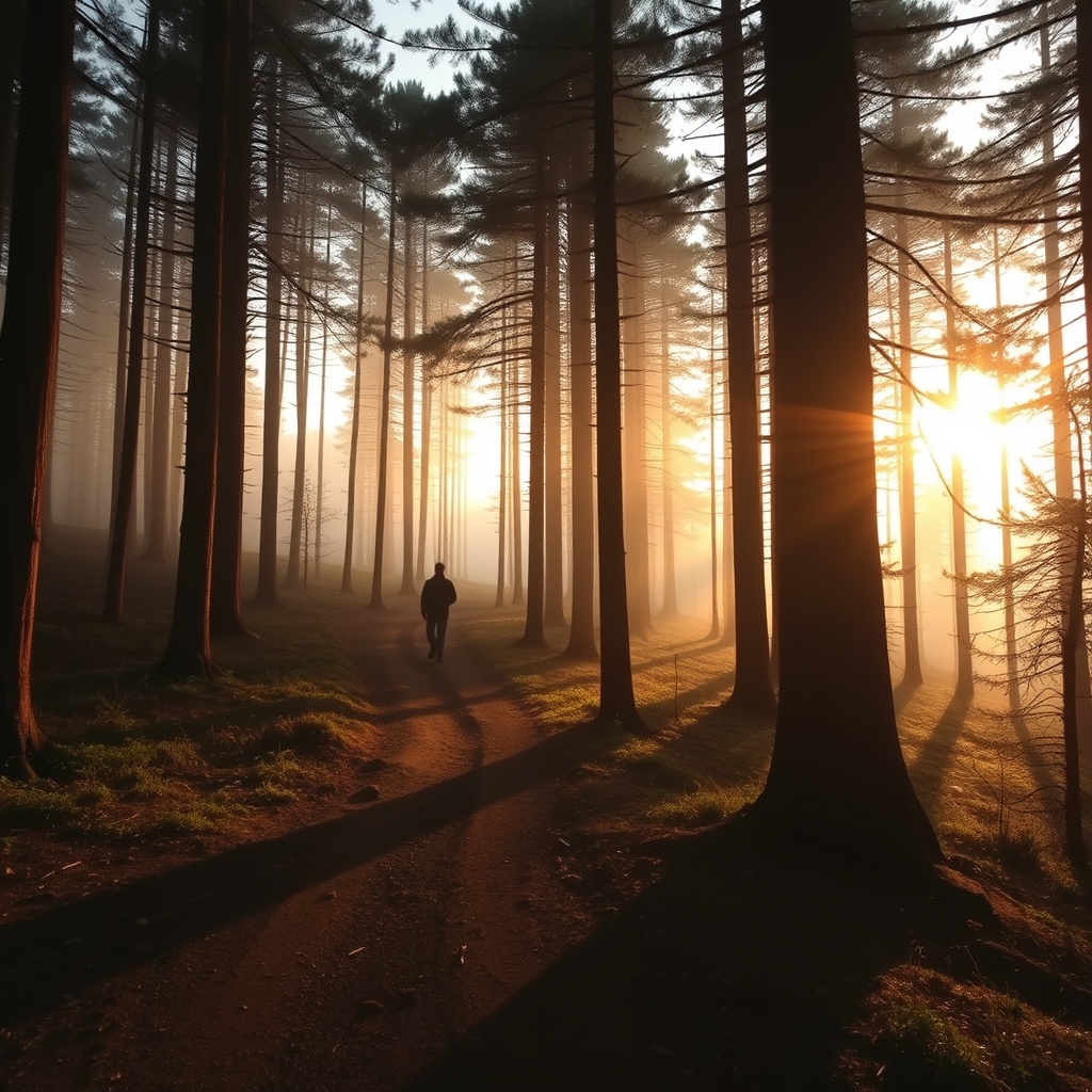 Figure walking in misty forest