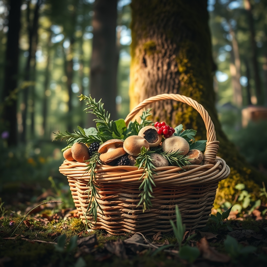 Mushrooms, berries, on wooden table