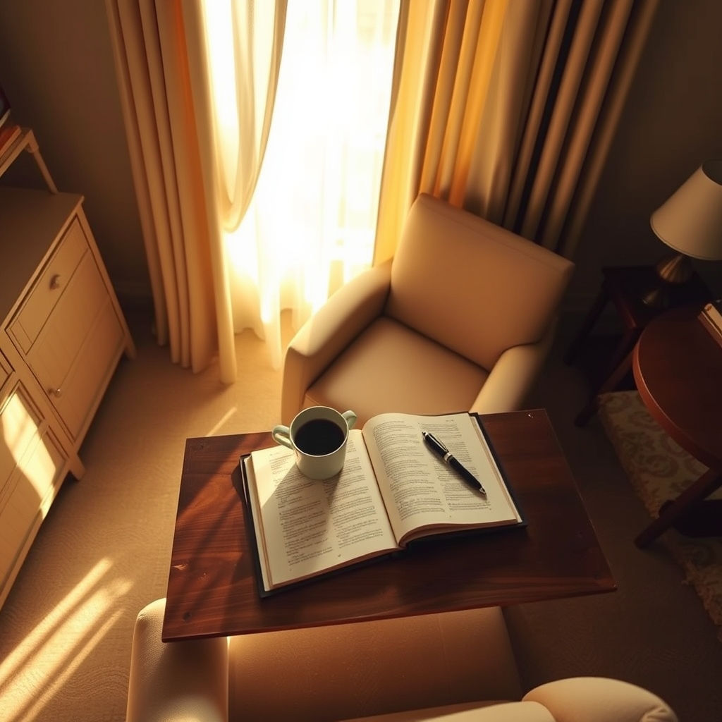 desk with cup and book