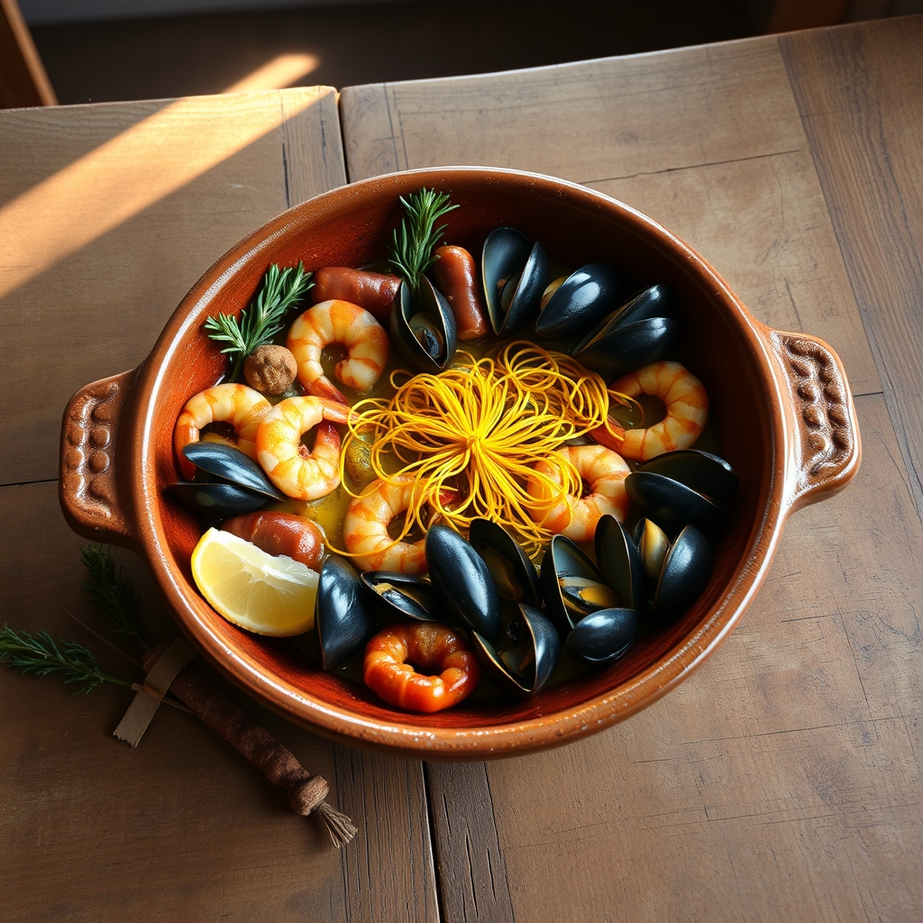 Paella in earthenware dish