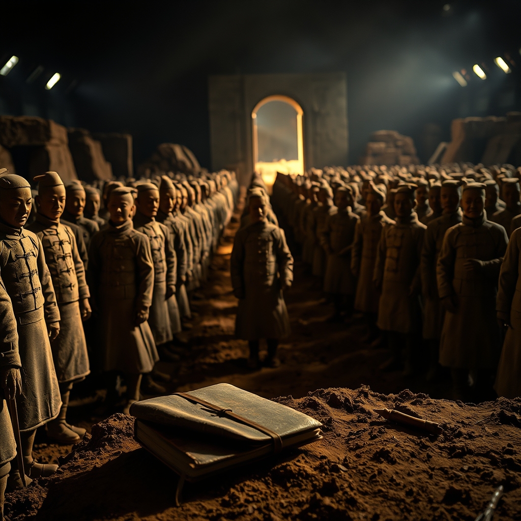 Terracotta soldiers in dim chamber